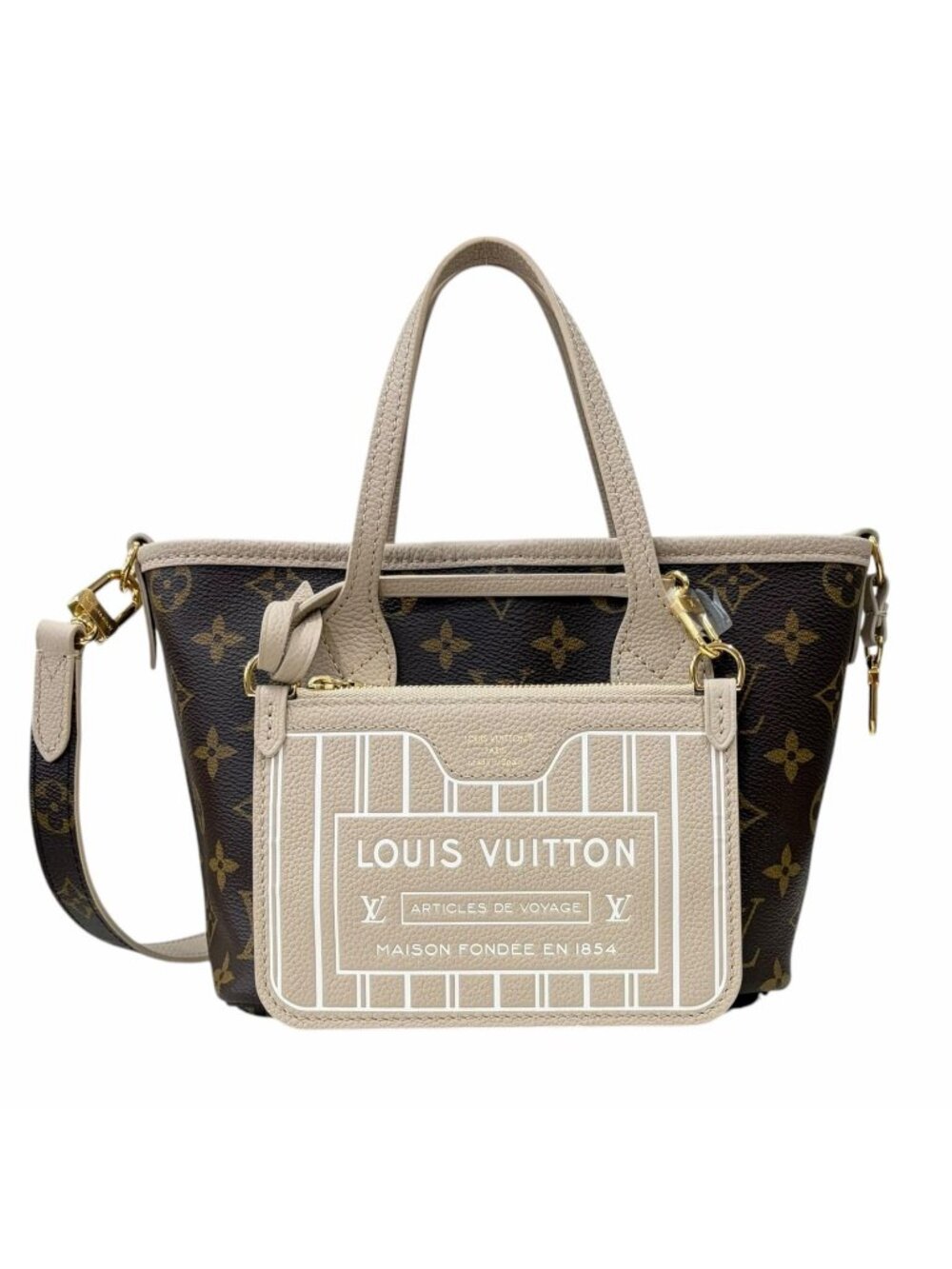 Louis Vuitton Neverfull Inside Out BB Monogram Shoulder Bag Gray Leather Beige